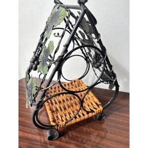 Vintage Wrought Iron and Wicker Wine Rack 3 Bottle Holder Grape Vine Motif Black